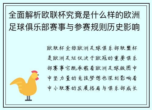全面解析欧联杯究竟是什么样的欧洲足球俱乐部赛事与参赛规则历史影响