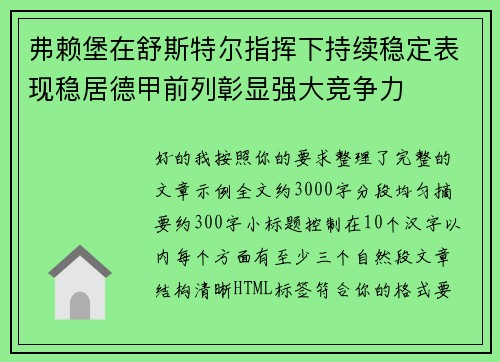 弗赖堡在舒斯特尔指挥下持续稳定表现稳居德甲前列彰显强大竞争力
